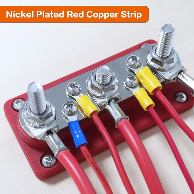 AMOMD 300A Bus Bars 3 Terminal Studs (5/16 inch) M8 4x8#-32 Screws Nickel Plated Copper Distribution Block Negative Electrical Buss Bars 12-48 V DC with Cover for Trailer Marine Boat Car RV (Red)