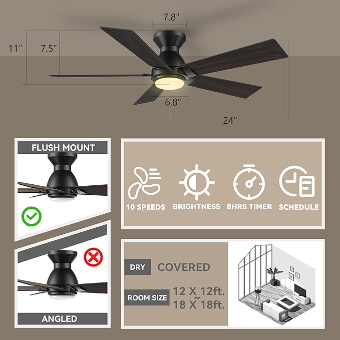 SMAAIR 48 Inch Smart Ceiling Fan with Light and Remote, Flush Mount Modern Ceiling Fan with lights,Compatible with Alexa/Google Assistant/Siri,Timer and Schedule,10 Speed DC Motor, Wooden/Walnut