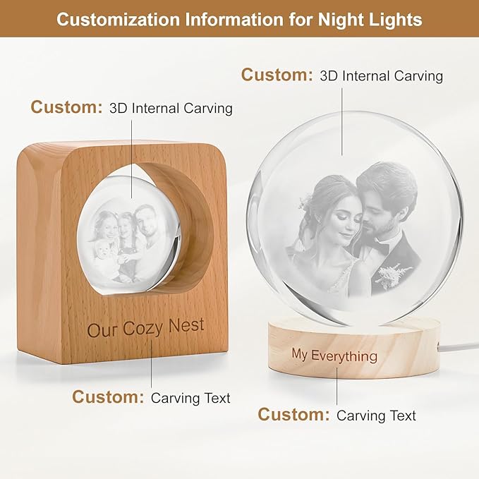 Yijhpbc Custom 3D Crystal Photo Night Light Personalized Photo Crystal Ball Engraved Picture Lamp with Wood Base Memorial Gift for Pets Family Couple Birthday Valentine's Day (Style 2)