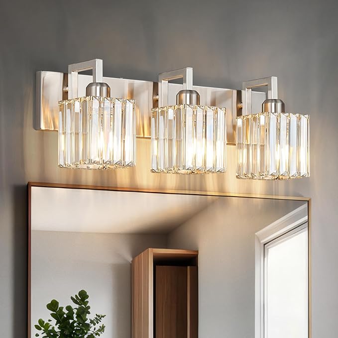 FDPBY Modern Bathroom Vanity Light 3-Lights Brushed Nickel Vanity Light Crystal Wall Light Bathroom Light Fixtures
