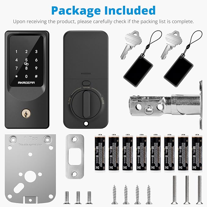 AkaGear WiFi Smart Lock Keyless Entry Door Lock with 8xAA Batteries, App Remote Control, Touchpad Keypad Deadbolt for Front Door, Auto Lock, Keys, Fob Card, PIN Code Unlock, 8-Month Battery, T02 Mini