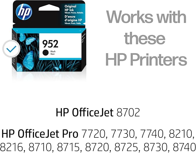 HP 952 Black Ink Cartridge Printers | Works with Printer Series: OfficeJet 8702, OfficeJet Pro 7720, 7740, 8210, 8710, 8720, 8730, 8740 | Eligible for Instant Ink | F6U15AN