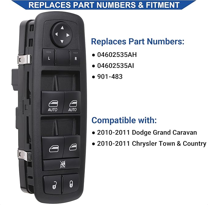 Obaee Window Switch Power Control Button Front Left Driver Side Compatible with 2010-2011 Dodge Grand Caravan/Chrysler Town & Country, Replacement OEM 04602535AI, Double Autos 3+0 Pinss