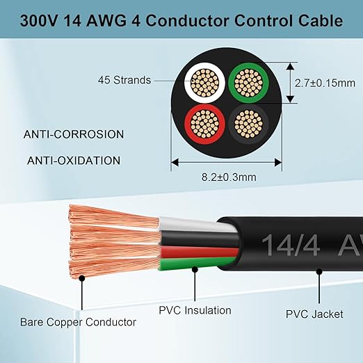 MOOKEERF 14/4 AWG Mini-Split Cable - 200FT 14 AWG 4 Conductor Control Cable 300V Stranded Oxygen-Free Pure Copper Wire for Mini Split Air Conditioner,Heat Pump,HVAC Systems and Speaker Systems