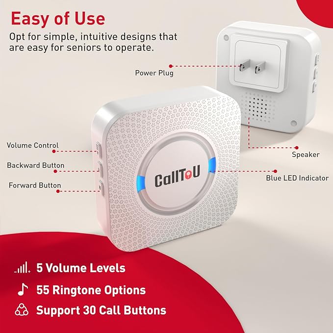 CallToU Elderly Monitoring Call Button Wireless Caregiver Pager Smart Senior System with Light Personal Buzzer Alarm 2 Portable Transmitters 1 Plugin Receiver