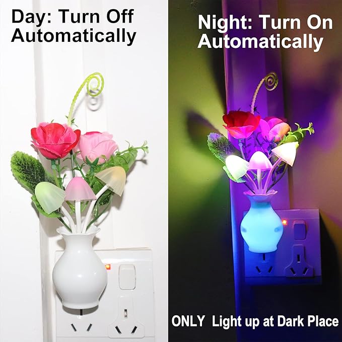 AUSAYE 4 Pack Plug in LED Night Light Sensor Light Rose Flower Decor,Energy Saving Lamp Dream Nightlight Mushroom Night Lights for Kids Adults Bedroom,Bathroom,Living Room,Kitchen,Hallway
