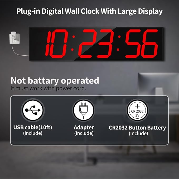 CHKOSDA 28.4''Large Digital Wall Clock,Automic Digital Clock with Alarm,Clendar and Termperature,Auto Time Sync with Easy Operation, Big Timer with Countdown and Countup (Red)