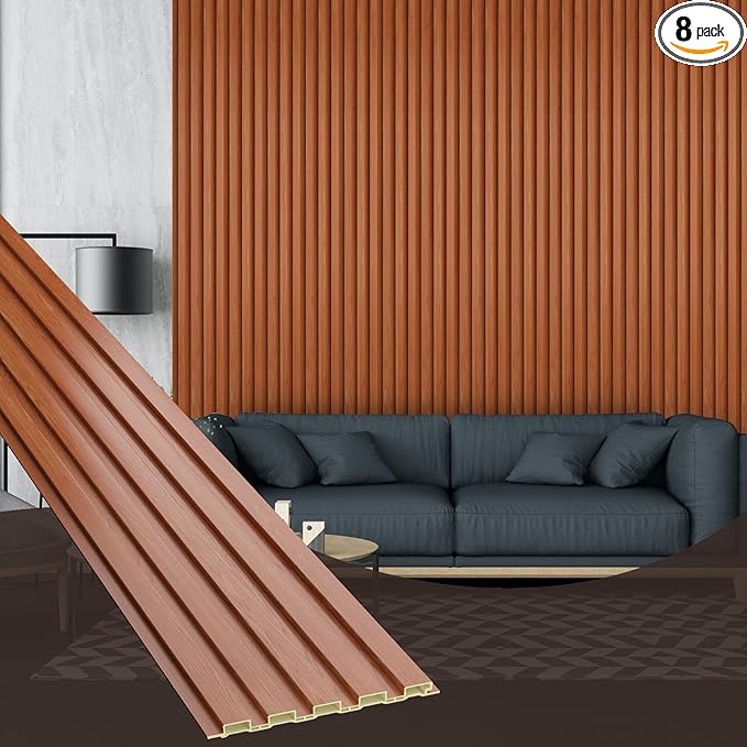 OUZUGIE WPC Acoustic Slat Wall Paneling, 8-Pack 114 x 6 Inches 3D Wall Panels for Interior Wall Decor,Living Room,TV Background,Study Room,Office Spaces,Bedroom,Low Grille (Teak)