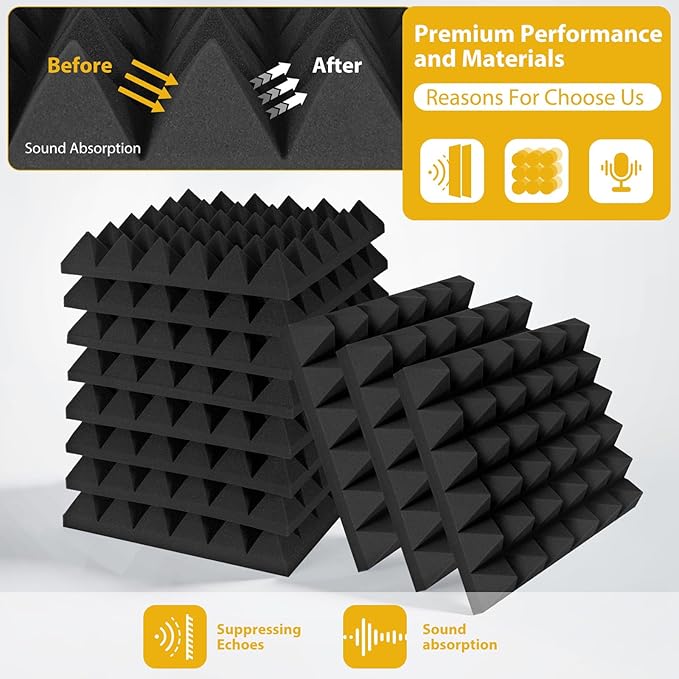 Saiqiang 24 Pack Sound Proof Foam Panels for Walls, 2"X 12" X 12" Pyramid Designed Acoustic Foam Panels Sound Absorbing, Noise Cancelling Dampening Wall Panels for Studio Recording & Office & Home