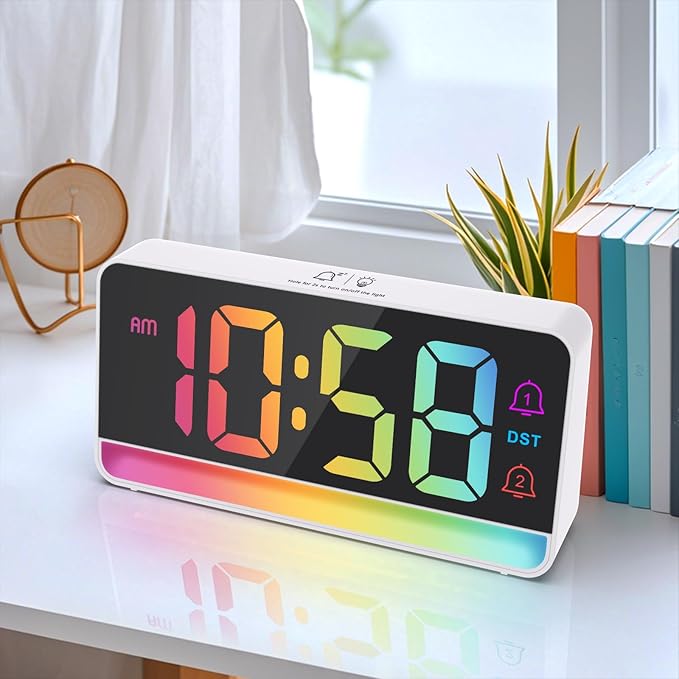 Alarm Clocks for Bedrooms, Digital Bedside Clock with RGB Night Light, Adjustable Volume for Heavy Sleepers, USB Charger, Large Display, Modern Decor for Desk, Dimmable Alarm Clock for Kids(Colorful)