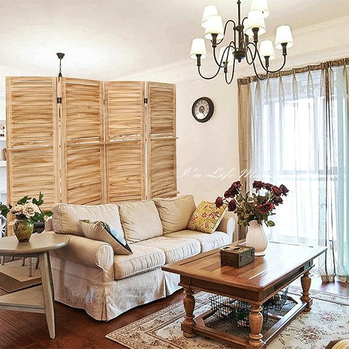 4 Panel Room Divider with Shelves, Room Dividers and Folding Privacy Screens, Folding Room Dividers 4 Panel, Wood Room Divider with 3 Display Shelves for Home Office (Natural)