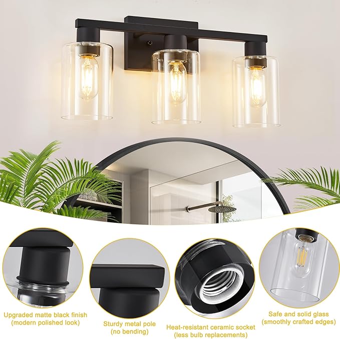 SOPEAS 3-Light Bathroom Vanity Light, Black Vanity Lights with Clear Glass Shades, Bathroom Wall Sconce Lamp for Mirror Living Room Bedroom Hallway