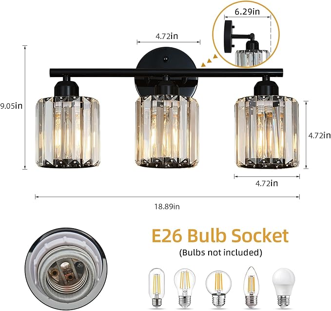 FDPBY Modern 3 Light Crystal Vanity Light, Plating Black Vertical Bathroom Light Fixture Over Mirror for Dressing Table Sink, Compatible with Dimmable Bulbs (Bulbs Not Included)