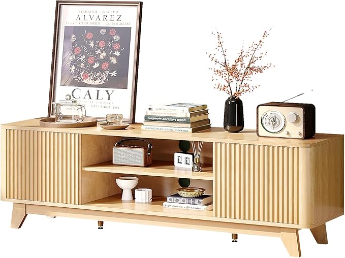 VINGLI 58.6" TV Stand for 70 Inch TV, Mid Century Entertainment Center with Fluted Sliding Doors and Open Storage, Elegant Media Console for Living Room, Oak