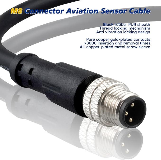 Lonlonty M8 3 Pin Male Socket Panel Aviation Wire,8mm Industrial Circular Sensor Connector Cable Shielded,Outdoor Waterproof IP67 A Coding 6.5Ft/2M