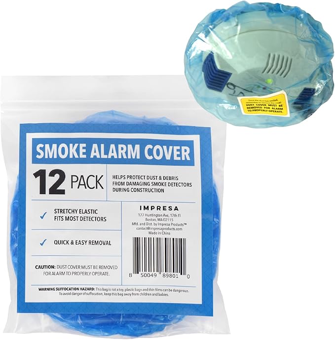 IMPRESA Pack of 12 Temporary Smoke Detector Cover Pack - Dust & Debris Barrier with Smoke Detector Dust Guard - Fire Alarm Cover for Renovation & Cooking - Alarm Caps for Construction