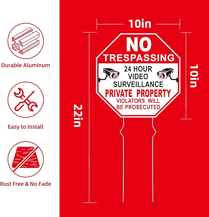 GXGGUS NO Trespassing Signs Private Property Video Surveillance Sign, 2-Pack 10"x10" Double-Sided Signs, Corrugated Plastic, Metal Stakes, Outdoor Yard Sign for Home and Front Door Land, and Garden, Lawn