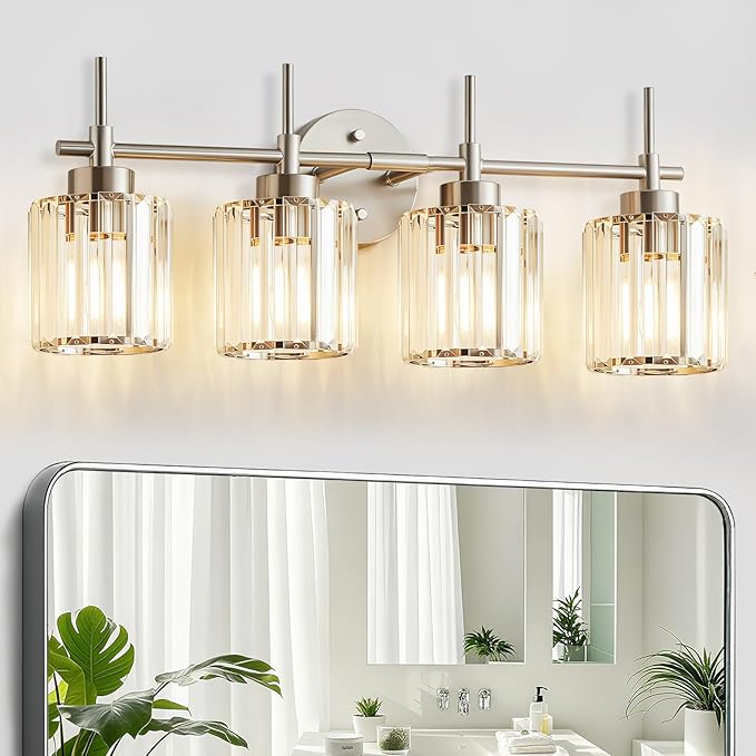 EJIAXIN Crystal Bathroom Vanity Lights, 4 Light Bath Mirror Light Brushed Nickel Round Crystal Wall Mount Light Fixture Over Mirror Morden for Living Room