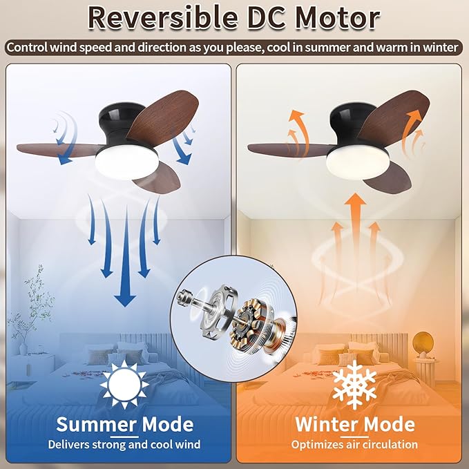 Glowall Small Ceiling Fan with Lights and Remote, 25 Inch Flush Mount, Reversible Quiet DC Motor, 3 Blades, 6 Wind Speeds, Dimmable LED, Adjustable Color Temperature, Timer