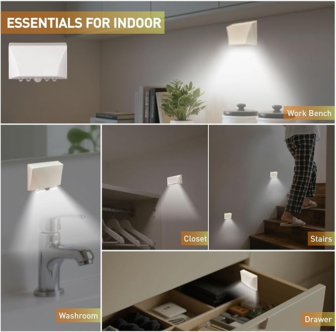 somisgarden White Motion Sensor Night Light for Doors, Cabinets & Stairs | 3-Way Magnetic/Adhesive/Screw Mount | Auto On/Off in Darkness | Battery-Powered LED for Hallway & Keyhole