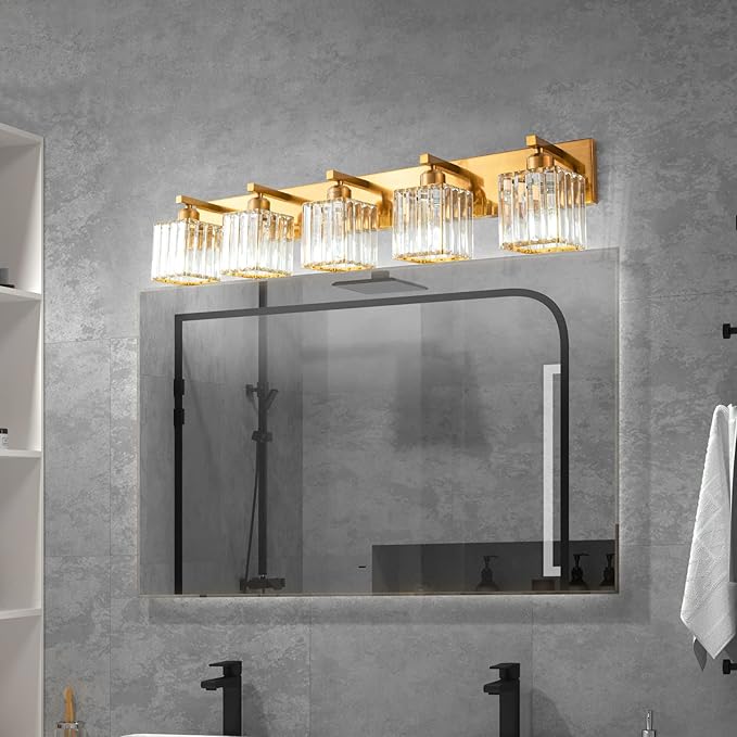 FDPBY Modern 5-Light Gold Brushed Brass Finish Crystal Wall Light for Bathroom Vanity