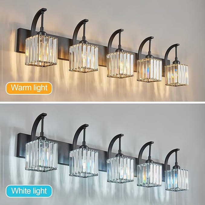 FDPBY 5-Light Crystal Vanity Light, Modern Black Bathroom Wall Sconce with K9 Crystal Shades, 42.51" Long Over Mirror Lighting for Vanity, Makeup, Hallway, Elegant & Easy Installation
