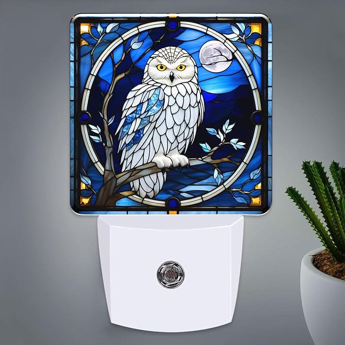 PODMemory Owl Stained Glass Night Lights Plug into Wall for Room, Owl Night Light LED for Bedroom