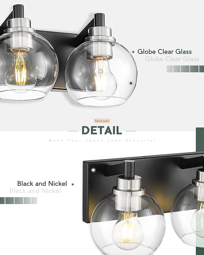 METWET Bathroom Light Fixtures, 3-Light Black and Brushed Nickel Bathroom Vanity Light, Modern Wall Sconces with Globe Clear Glass Shade, Vanity Lighting Fixtures Over Mirror, VL195-KN-3