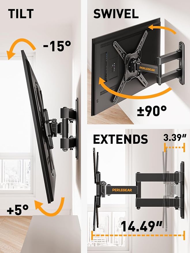 Perlegear Full Motion TV Wall Mount for Most 26–50 Inch TVs, Max VESA 300 x 300mm, TV Monitor Wall Mount Bracket with Rotation, Swivel, Tilt, Extension and Leveling Adjustment, Holds up to 55 lbs