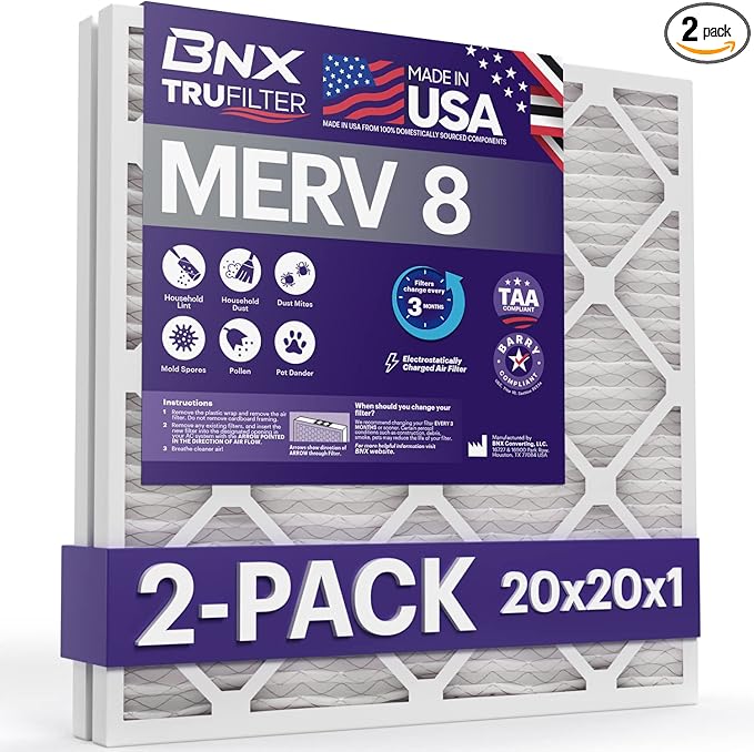 BNX 20x20x1 MERV 8 Air Filter 2 Pack - MADE IN USA - Electrostatic Pleated Air Conditioner HVAC AC Furnace Filters - Removes Dust, Mold, Pollen, Lint
