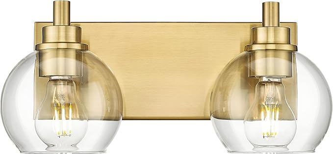 METWET Bathroom Light Fixtures, 2 Light Brushed Gold Vanity Light, Modern Wall Sconces with Clear Glass Globe Shade, Bathroom Wall Lights Over Mirror Kitchen Bedroom Hallway, VL195-GD-2