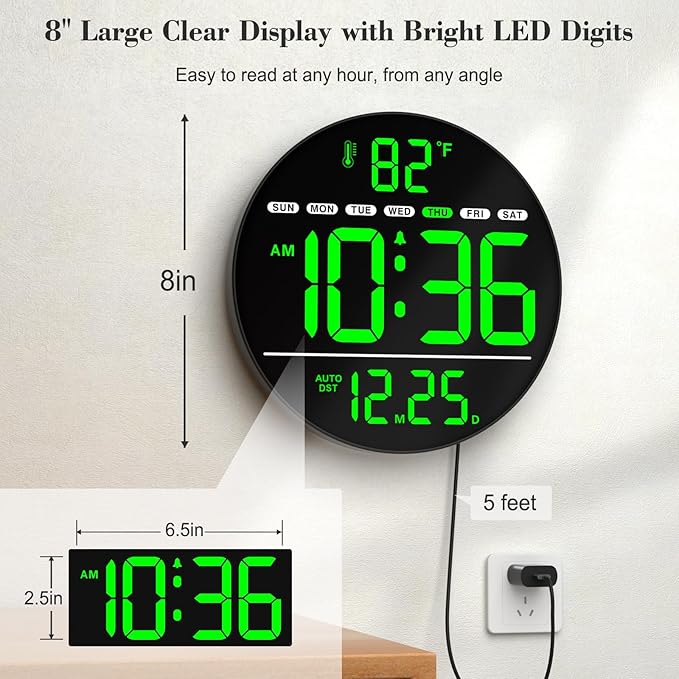 WallarGe Large Digital Wall Clock with LED Display, Electric Wall Clock with Temperature, Auto DST, Date, and Day, 5-Level Brightness for Office, Bedroom, Living Room, Classroom Décor