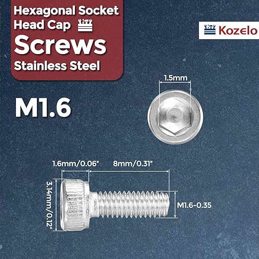 Kozelo 100pcs Socket Head Cap Screws - [M1.6-0.35 x 8mm] 304 Stainless Steel Allen Socket Drive for Electrical Motor 3D Printing Fan Engine Replacement Use, Silver