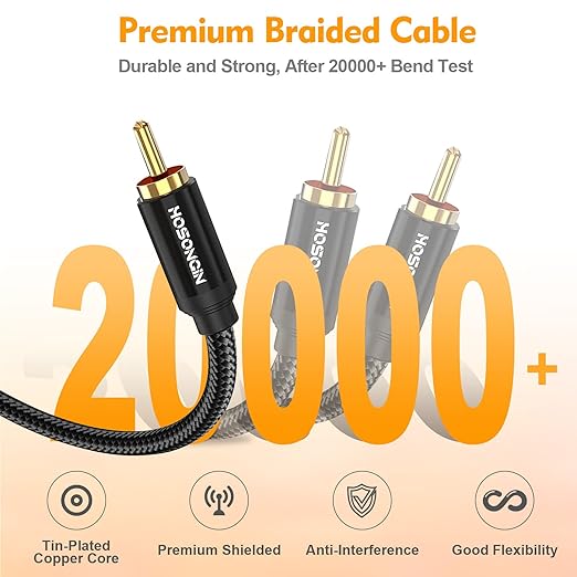 HOSONGIN RCA Y Splitter Cable, 3.3Ft, 2Pack, 1 Male to 2 Male Audio Cable, Gold-Plated, Noise-Free Durable Braided Design RCA Adapter for Subwoofers, Amplifiers, TVs, Home Theater, Hi-Fi Systems