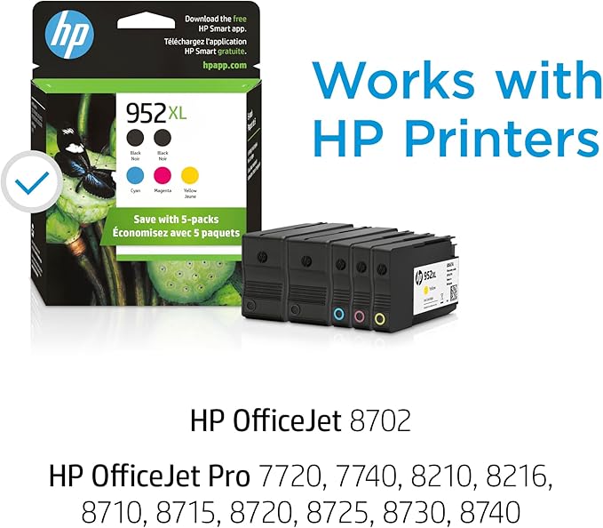 HP Original 952XL Black, Cyan, Magenta, Yellow High-Yield Ink Cartridges (5-Pack) | Works OfficeJet 8702 OfficeJet Pro 7700, 8210, 8700 Series | Eligible for Instant Ink | 6ZA00AN