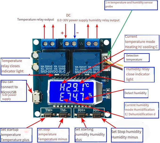 Double Output Digital Display Temperature Humidity Control Module Easy Read -20 to 60℃ Precisions Control Module Board Industrial Temperature Regulator