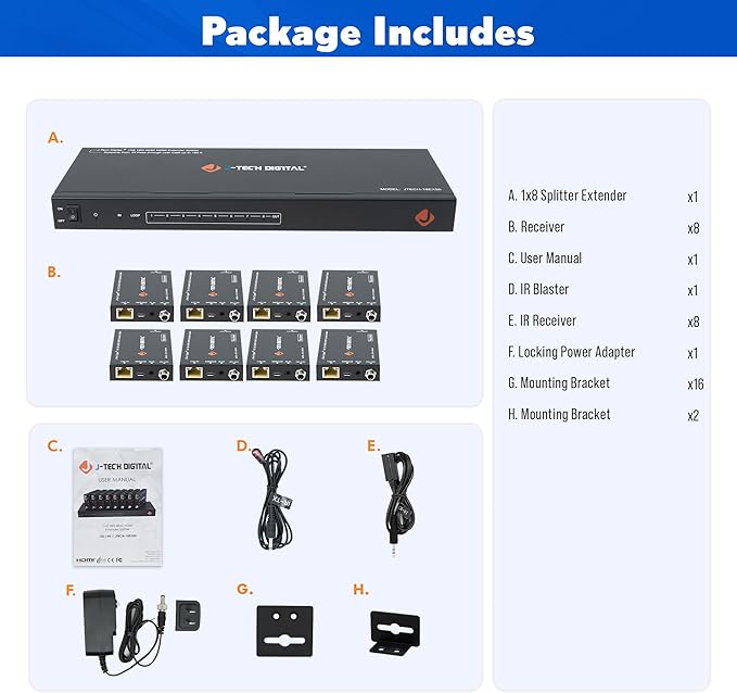 J-Tech Digital HDMI 2.0 4K Extender Splitter Over Single Cable CAT6 with PoC Up to 196 FT 1-in 8-Out w/Local Loop Output & Low Latency [JTECH-18EX50]