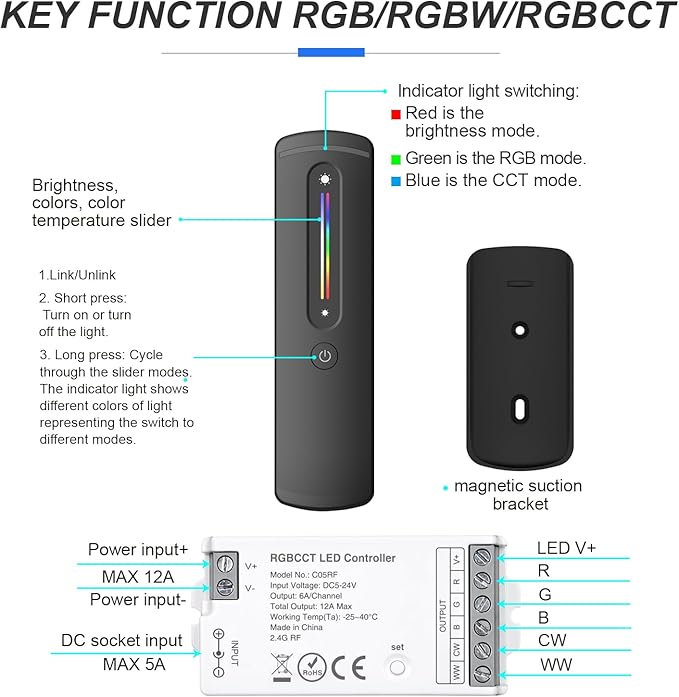 2.4GHz RF RGBW LED Strip Controller Remote Kit, Wireless Remote & Tuya Controller Dimmer with Group Control Adjust Brightness/Color Touch Slide for PWM 5Pin COB LED Strip Light DC5V DC12V DC24V
