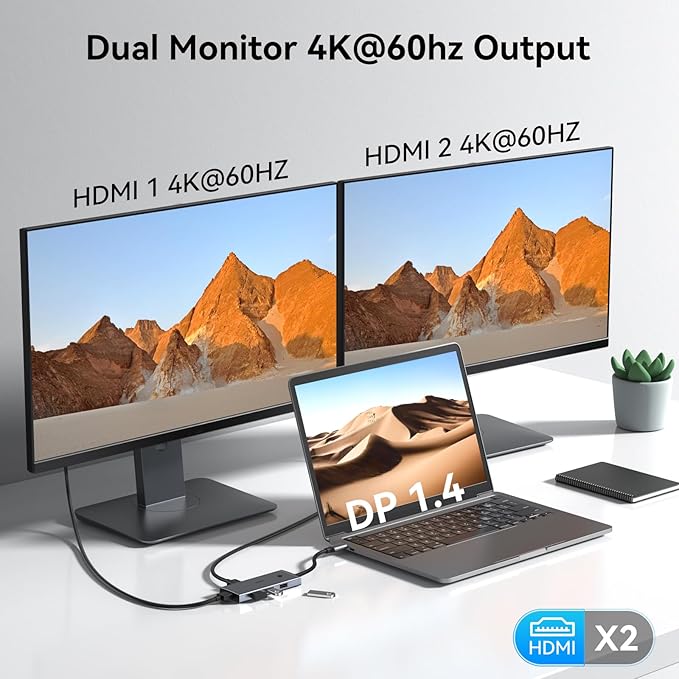 HODO Docking Station to Dual HDMI Monitors Adapter USB C to Dual HDMI Adapter 4K 60 Hz for Laptops Docking Station Dual Monitor with PD 3 USB Port Button Compatible for HP Elitebook Dell XPS 13 15 etc
