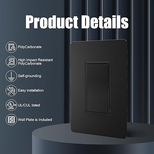 ThunderWay Matte Black 3 Way Decorative Light Switch with Plate, 15 A 120/277 V Rocker Paddle Wall Switch Replacement, Self-Grounding, Residential Grade, Wall Plate, UL Listed (10 Pack)