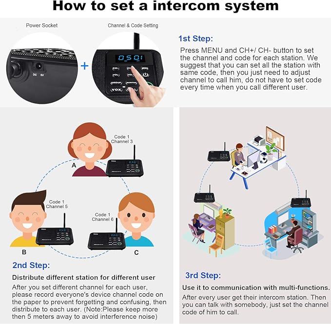 Wuloo Intercoms Wireless for Home 1 Mile Range 22 Channel 100 Digital Code Display Screen, Wireless Intercom System for Home House Business Office, Room to Room Intercom Communication(2Stations,Black)