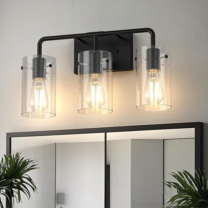 L LOHAS LED 3-Light Bathroom Light Fixtures, 17.71" Black Bathroom Vanity Light with Straight Glass Shades, Modern Vanity Lights for Bathroom Light Fixtures Over Mirror Living Room Hallway, E26, ETL