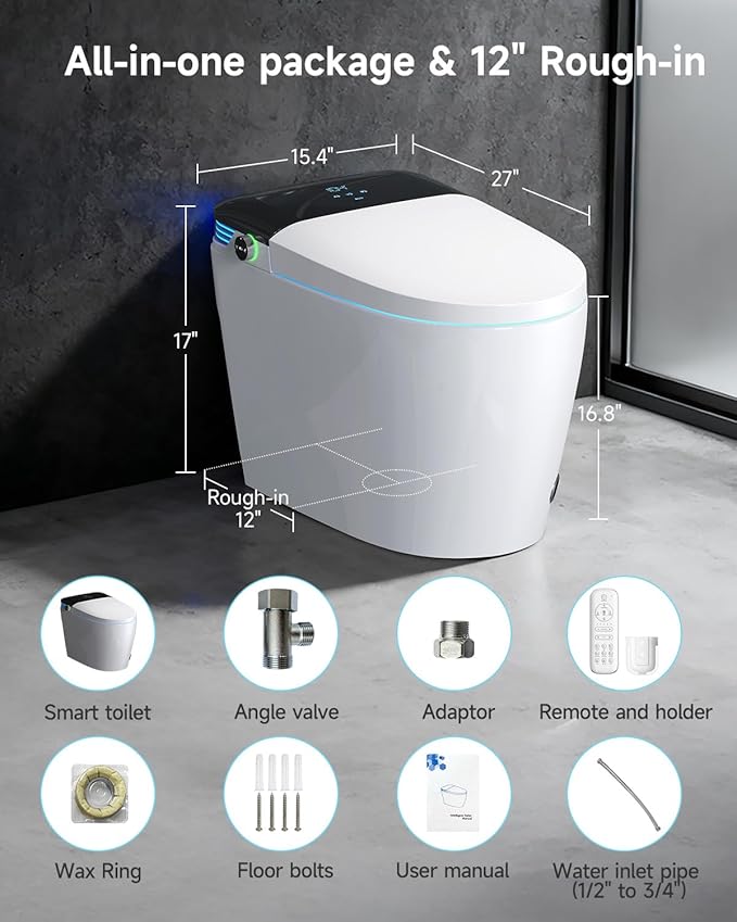 WANSID Luxury Smart Toilet with Bidet Built-In,1.28 GPF Elongated One Piece Toilet for Bathroom, Auto Open/Close, Foot Sensor Operation, Heated Bidet Seat, Warm Water & Dryer, Digital Display