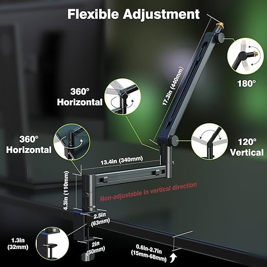 AA AUDIO ACCESSORY Low Profile Mic Boom Arm with Gold Series Star Quad XLR Cables 10ft