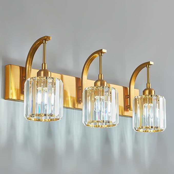 FDPBY 3-Light Crystal Vanity Light, Modern Gold Bathroom Wall Sconce with K9 Crystal Shades, 23.62" Long Over Mirror Lighting for Vanity, Makeup, Hallway, Elegant & Durable