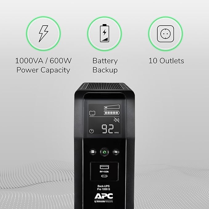 APC UPS Back-UPS Pro, 1000VA Sinewave UPS Battery Backup & Surge Protector, LCD, AVR, BR1000MS