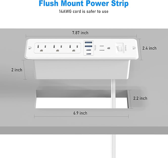 65W USB C Recessed Power Strip, Flush Mount Desktop Recessed Outlet with 4AC & 2 PD GaN USB C & 2 USB-A Ports, 10ft Furniture Hidden Drawer Fast Charging Station for Home Office