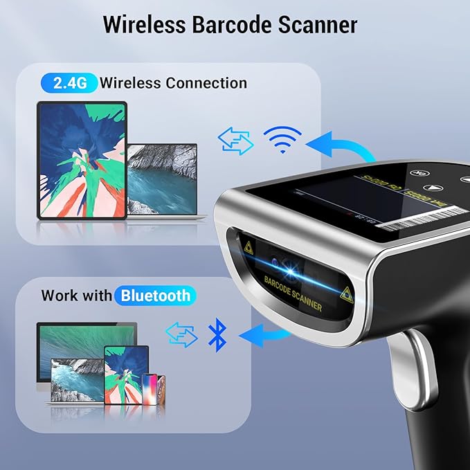 Tera Barcode Scanner Wireless with Screen: Pro Version 1D 2D QR with Digital Setting Keypad Power Switch Charging Cradle Works with Bluetooth 2.4G Wireless Bar Code Reader HW0015 Silver