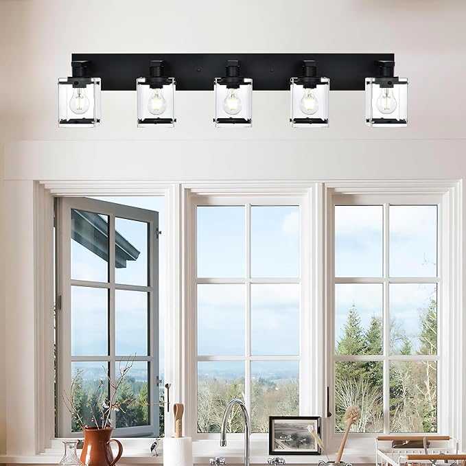 WINSHEN 5-Light Modern Vanity Lighting, Black Bathroom Light Fixture Over Mirror with Rectangular Clear Glass,E26 Bulb Base
