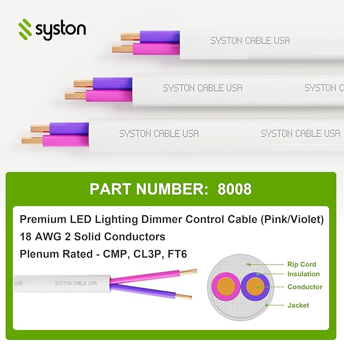 Syston Cable Technology 18/2 LED Lighting Dimmer Dimming Luminaire Control Wire Cable,18 AWG 2 Conductors Solid Bare Copper Unshielded Plenum Rated CMP CL3P FT6, for Ballast Wiring and Connection